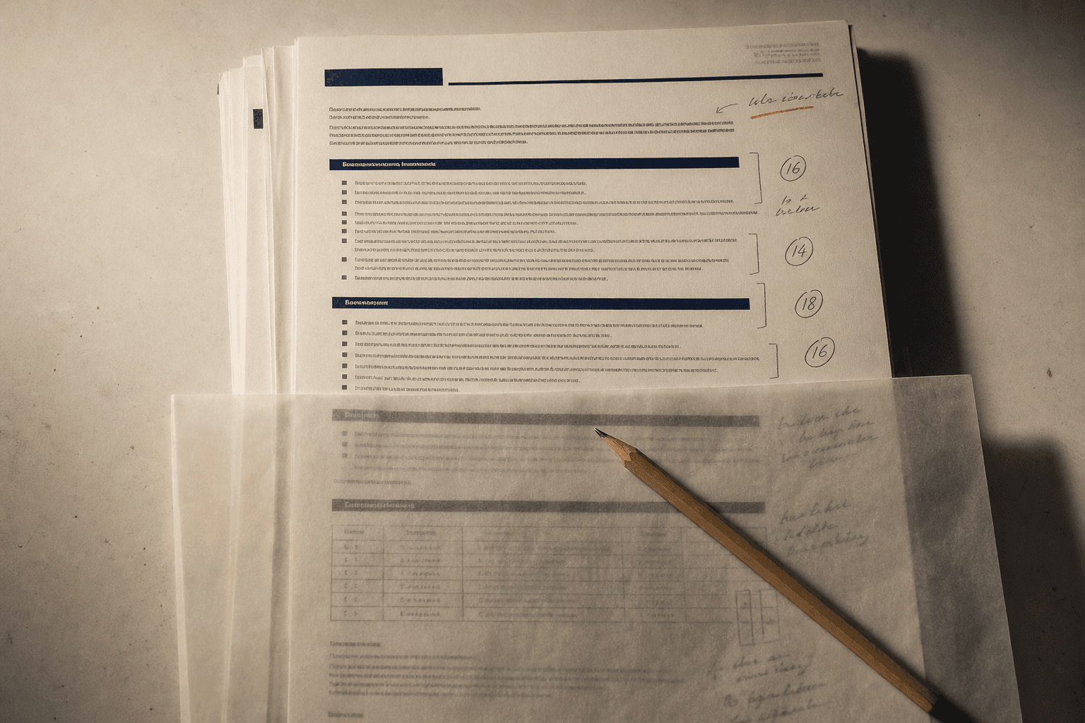 Un règlement de consultation imprimé, annoté au crayon, avec les points notés en marge.